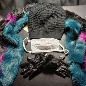 New With Tag White Mask & Black Knit Beanie with Faux Fur Scarf and Gloves